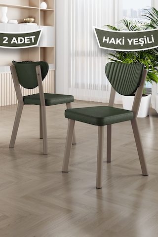 Fubi Serisi 2 Adet Siyah Deri Mutfak,cafe, Restaurant Sandalyesi Cappucino Metal İskeletli Haki Sandalye Cappucino İskelet