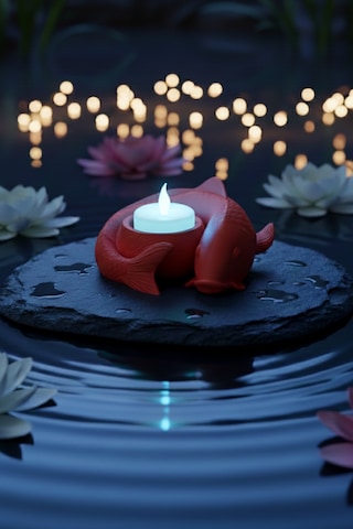 Oxyteez Balık Figürlü Led Mumluk Kırmızı Renk Reçine Tasarım Ev Ve Ofis Dekorasyonu