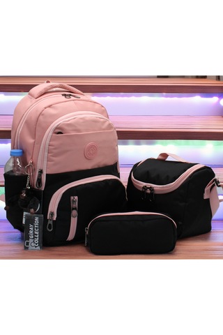 İlk Okul Çantası 3'lü Seti Unisex Çocuk İlkokul Çantası Gry-8010 Pudra-siyah Pembe