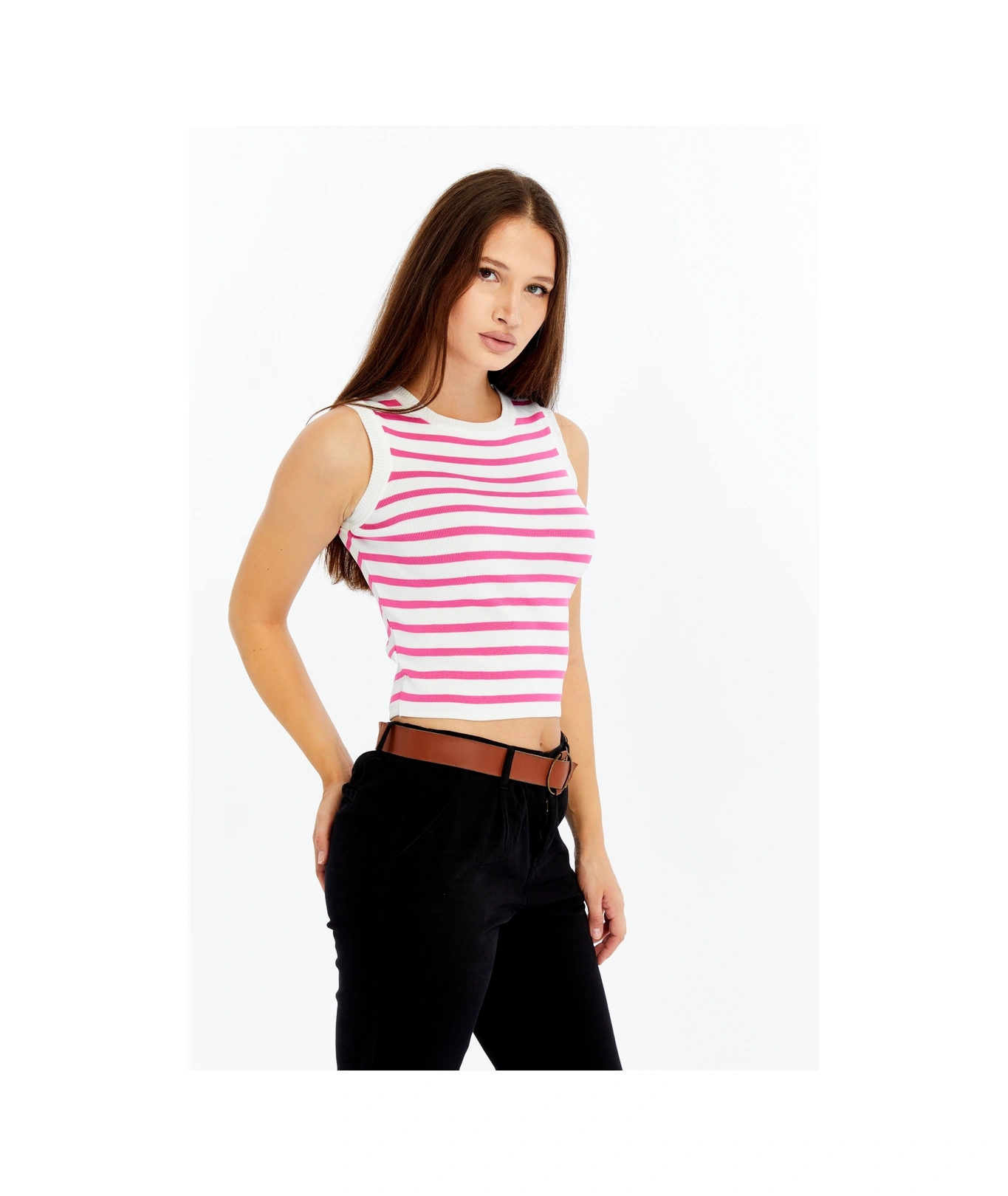 Kadın Çizgili Triko Kare Yaka Crop Atlet Pembe Beyaz Askılı Bluz Pembe