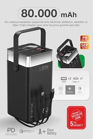 80.000 Mah Süper Kapasiteli Led Işıklı Powerbank Hızlı Şarj, Usb-c & Çoklu Cihaz Desteği Siyah