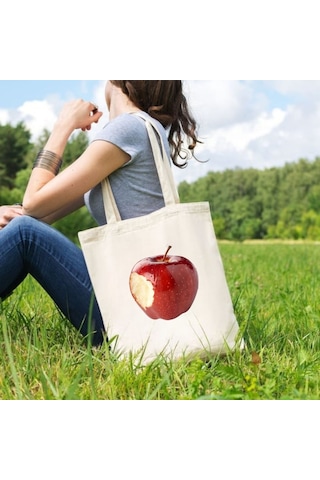 Isırılmış Elma Tasarımlı Bez Çanta Modern Minimal Baskılı Omuz Çantası Çok Renkli