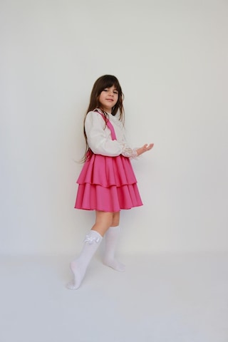 Kız Çocuk Helen Pembe Askılı Kat Kat Bağlama Jile Elbise Dantel Detay Ekru Uzun Kollu Bluz Takım