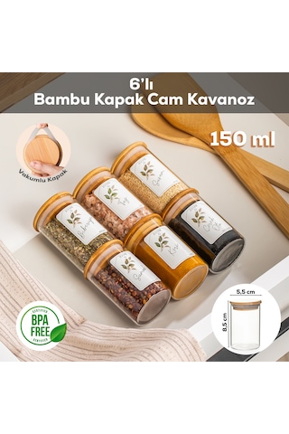 Porsima 3178 Cam 6 Parça Vakumlu Bambu Kapaklı Baharatlık Seti Takımı, Saklama Kabı Etiketli 150ml ŞEffaf