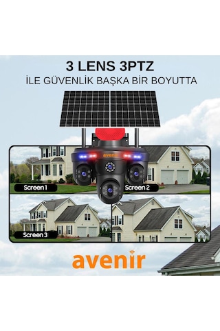 Avenir Solar Güvenlik Kamerası Tek Panel, 3 Lensli