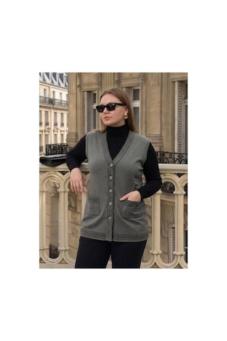 Onno Style Women Bantı Hasır Desenli Çelik Örgü Klasik Triko Yelek Gri
