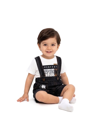 Bebegen Erkek Bebek Beyaz Siyah Percect Yazı Baskılı Kot Salopet 2'li Takım Çok Renkli