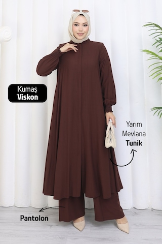 Rahvel Umre Takımı Viskon Kumaş Tunik Pantolon Bir Arada Terletmez İç Göstermez Acı Kahve Acı Kahverengi