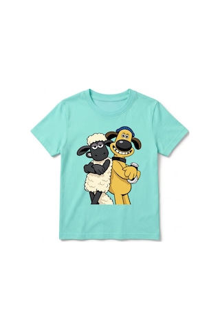 Urbantrendstore Koyun Shaunn Bitzer Baskılı Unisex Kız Çocuk Erkek Çocuk Bisiklet Yuvarlak Yaka Basic Kısa Kollu %100 Pamuk Tişört Mint
