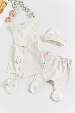 Natural Güpürlü 5'li Kız Bebek Hastane Çıkışı Bebek Takımı Krem