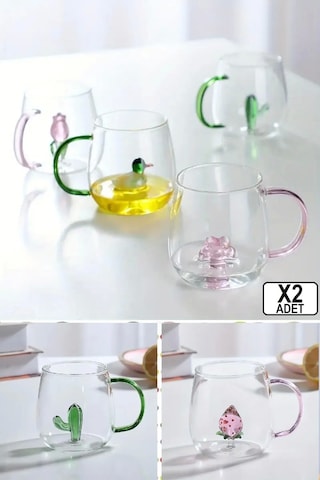 2'li Sevimli Karikatürler Bardağı Figürlü Cam Bardak 3d Kawaii Renkli Kulplu Sunum Fincanı 350 Ml.