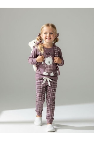 Kız Çocuk Pamuklu Ekose Desenli Ayıcıklı Pijama Takımı-16826 Mor