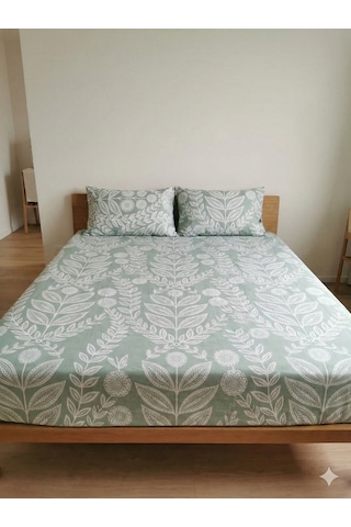 Maki Home %100 Pamuklu Çiçek Desenli 160x200+2 50x70 Çift Kişilik Lastikli Çarşaf Ve Yastık Kılıfı Yeşil
