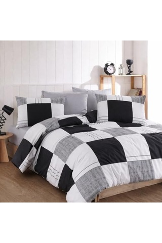Lüks%80 Pamuklu Çift Kişilik Nevresim Takımı Seti Yorgan Kılıfı Siyah Gri Beyaz Kareli Desen 200x220 Cm + Lastik Çok Renkli