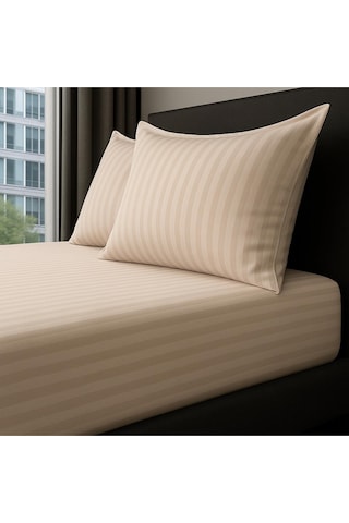 Satin Stripe %100 Pamuk Saten Çift Kişilik Çizgili Lastikli Çarşaf Seti Yastıklı 160x200+30 Bej