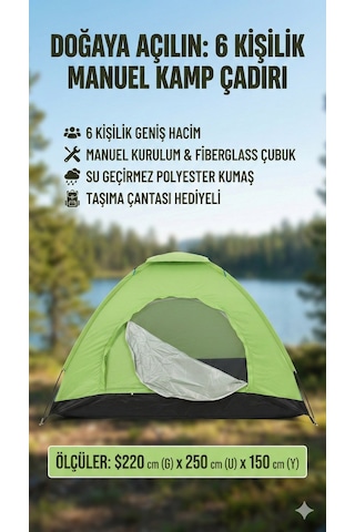 Çadır Su Geçirmez Geniş Kampçı 6 Kişilik 220x250x150cm Barınma Ünitesi Aile Çadırı Macera Malzemesi Çok Renkli
