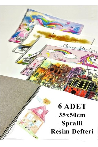 Resim Defteri 15 Yaprak 35x50 Cm 6 Adet Spiralli Büyük Boy Resim Defteri Karton Kapak 110 Gr Öğrenci Okul
