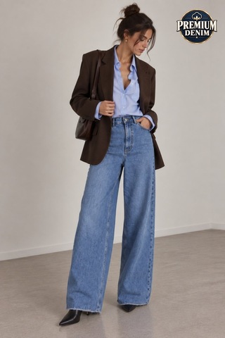 Vadon 1057 Kadın Yüksek Bel Pis Geniş Paça Wide Leg Jean Pantolon Mavi