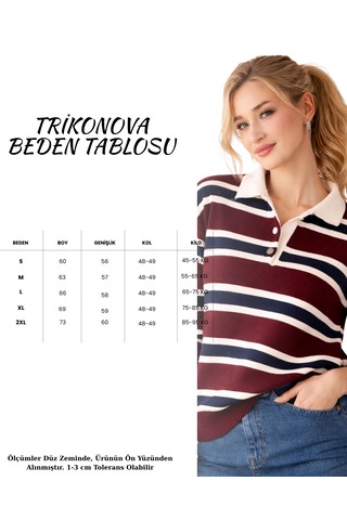 Trikonova Lacivert Çizgili Polo Yaka Düğmeli Triko Kazak Bordo
