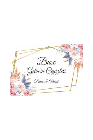 Pembe Renkli Altın Çerçeve Şık Zarif Gül Düğün Çeyiz Koli Etiketi 10 Adet A4 Ebat Baskılı Sticker Diğer