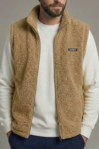 Genius Store Genıus Store Erkek Yelek İçi Şardonlu Sherpa Peluş Yelek Tam Fermuarlı Cepli Kuzu Outdoor Yelek Bej