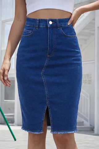 Modi Kadın Yüksek Bel Önden Yırtmaçlı Kısa Kot Etek Açık Mavi