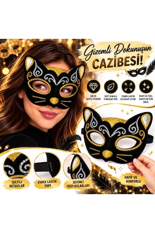 Kadife Dokulu Sim Detaylı Işıltılı Kedi Maskesi Altın Gümüş 20x13 Cm Siyah