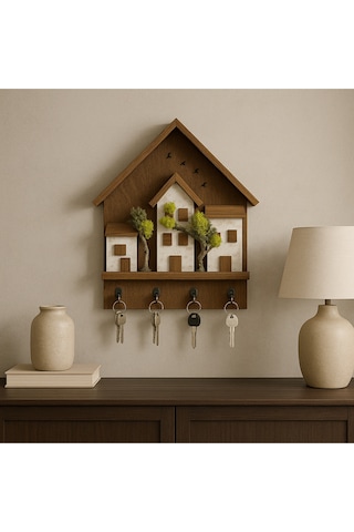 Ahşap Ev Temalı Duvar Askılığı 25x36 Cm 4 Kancalı Anahtarlık , El Yapımı Dekoratif Askı Kahverengi