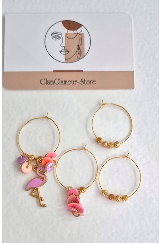 Pembe Flamingo Gold Halka Dörtlü Bayan Küpe Set Gold - Pembe