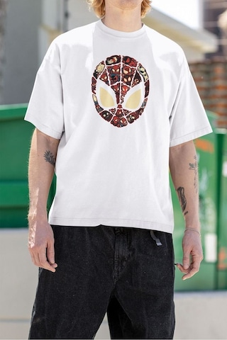Maske Örümcek Adam Baskılı Unisex Oversize Marvel Tişört Beyaz