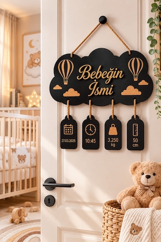 Kişiye Özel Ahşap Pleksi İsimli Bebek Kapı Süsü Yenidoğan Doğum Anı Panosu Hastane Odası Dekoru İsimlik Etiketli Oda Kapı Önü Aksesuarı Siyah Gold