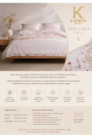 Kapreo Home İris Lux Seri Çift Kişilik Naturel Premium Nevresim Takımı Çok Renkli