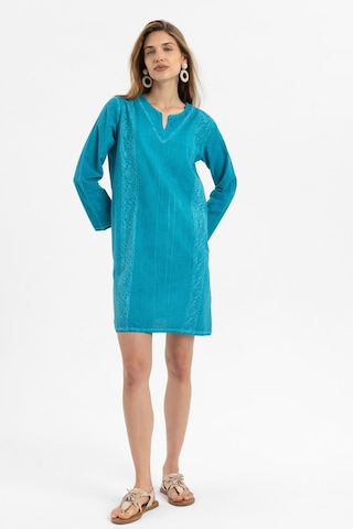 Turkuaz İşlemeli Uzun Kollu Astarsız Pamuklu Kısa Elbise-turkuaz Turkuaz
