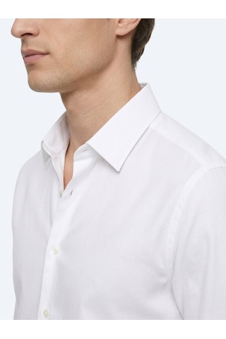 Kip Beyaz Çizgili Regular Fit Uzun Dokuma Casual %100 Pamuk Gömlek