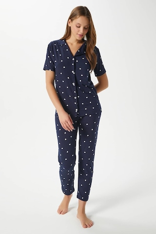 Ritnice Kadın Mia Yumuşak Doku Lacivert Kalp Desen Ön Düğmeli Kısa Kollu Pijama Takımı Lacivert