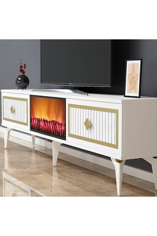 Flame Şömineli Tv Sehpası (Alt Modül) Beyaz-Altın