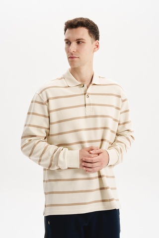 AR-MA Arma Erkek Büyük Beden Çizgili %100 Pamuk Ringel Ottoman Kumaş Polo Yaka Ribanalı Sweatshirt K30554801602 Ekru