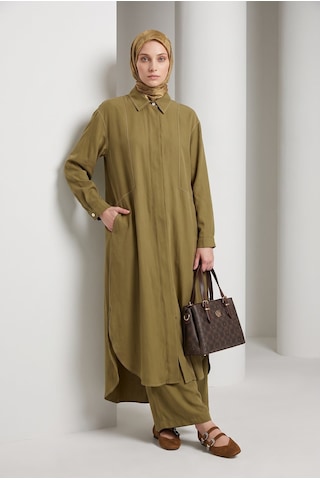 Armine Trend Gizli Patlı Düğmeli Uzun Tunik Pantolonlu İkili Takım Yağ Yeşili 26yt6137
