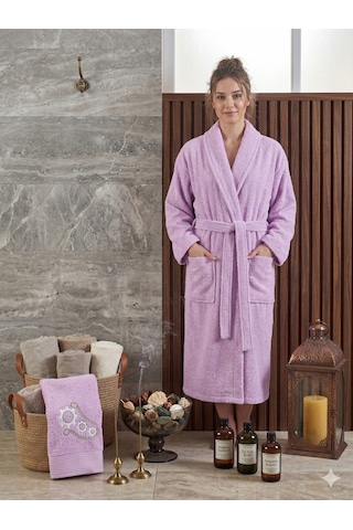 Premium 2'li Aile Bornoz Seti Çeyizlik Pamuklu Hediyelik Banyo Takımı S/m Leylak