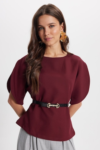 Tudors Kadın Slim Fit Dar Kesim Kol Detaylı İnce Kemerli Fermuarlı Bordo Bluz Gömlek-50761