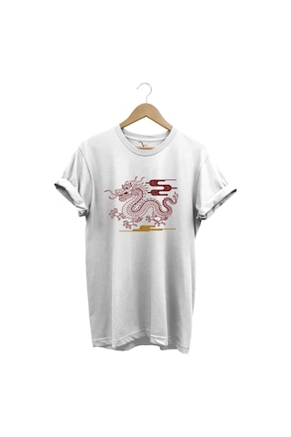 Mitolojik Asya Çin Ejderha Baskılı %100 Pamuk Regular Fit Bisiklet Yaka Beyaz T-shirt Beyaz