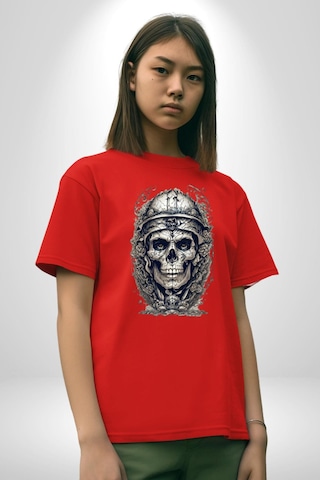 Kask Miğfer İskelet Asker Pamuklu Bisiklet Yaka Unisex Oversize Boyfriend Dijital Baskılı Kırmızı T-shirt Kırmızı