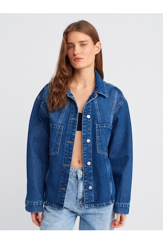 Dilvin 50749 Ön Bölümü Dikişli Oversize Denim Gömlek-mavi Mavi