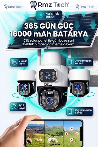 İnox X24 Sim Kartlı, 4 Kameralı , Güneş Enerjili, Solar Panelli Kamera, Aylık 8 Gb 1 Yıllık Sım Kart