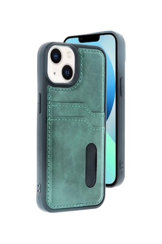 Apple iPhone Uyumlu- 15 Sara Kartvizitli Deri Kılıf - Yeşil