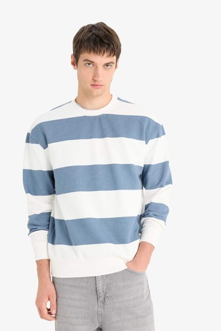 Defacto Boxy Fit Bisiklet Yaka Çizgili Sweatshirt A9066ax25augr171 Gri