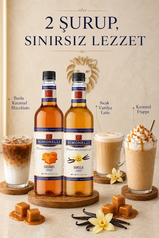 Simonelli Karamel + Vanilya Aromalı Gurme Şurup Paketi + Pompa Kahve ve Kokteyl Şurubu Seti 2 x 700 ML