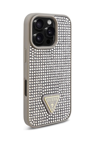 Apple Uyumlu iPhone 16 Pro Max Kılıf Guess Lisanslı Üçgen Logolu Taşlı Kapak Gümüş
