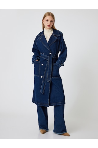 Koton Denim Trençkot Uzun Kruvaze Yaka Apoletli Kemer Detaylı Cepli Koyu İndigo 5wal50019md Koyu İndigo