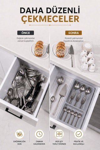 Çekmece İçi Kaşıklık Organizer Bölmeli Mutfak Düzenleyici Gri S-11030 Beyaz
